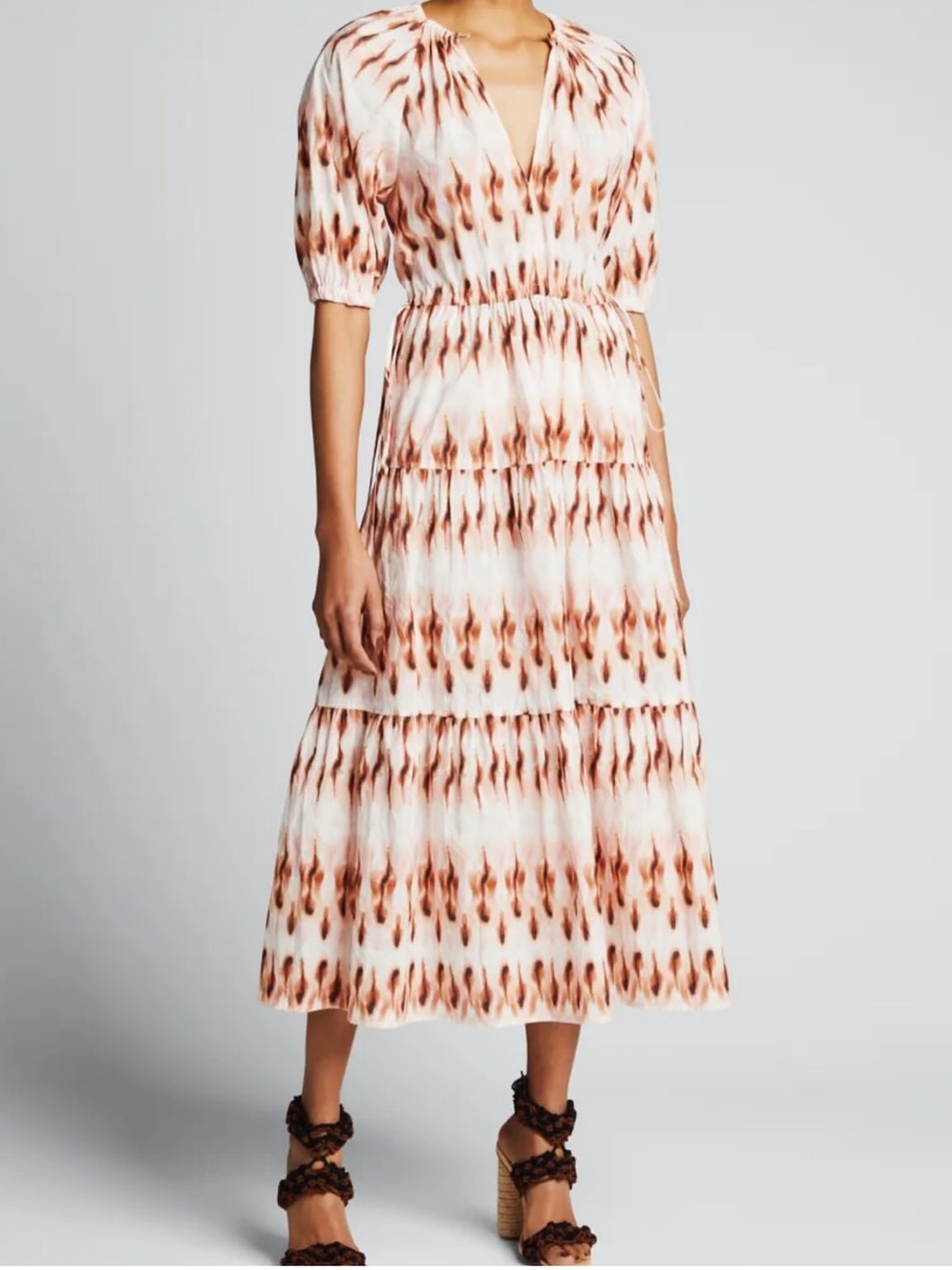 A.L.C. Mischa White and Brown Tie-Dye Tiered V-Neck Midi Dress